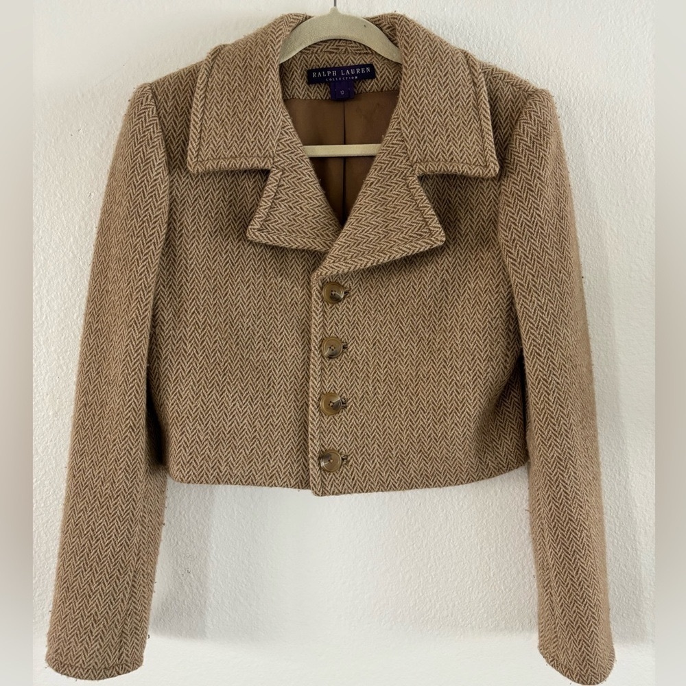 Ralph Lauren Purple Label Cropped Wool Cashmere Herringbone Blazer Jacket